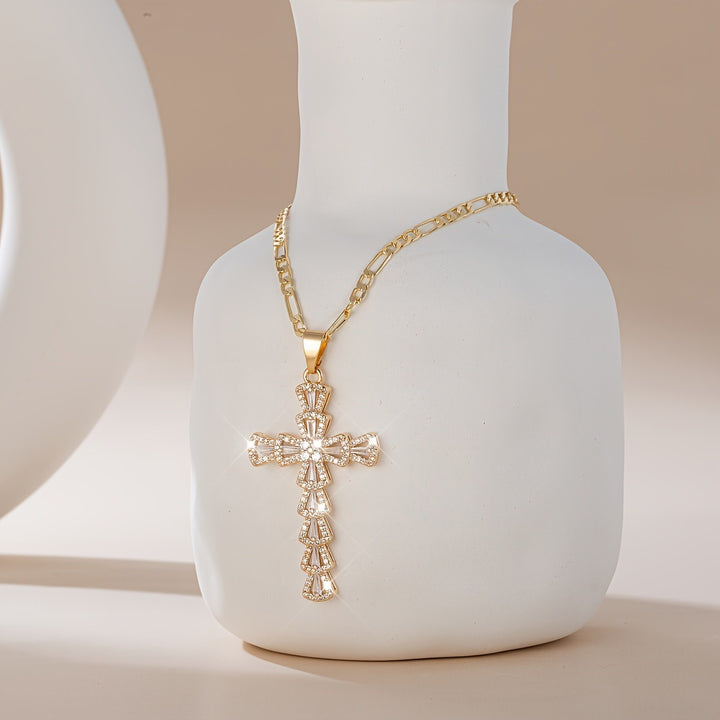 18K Gold / White Gold Baguette Cut CZ Cross Necklace