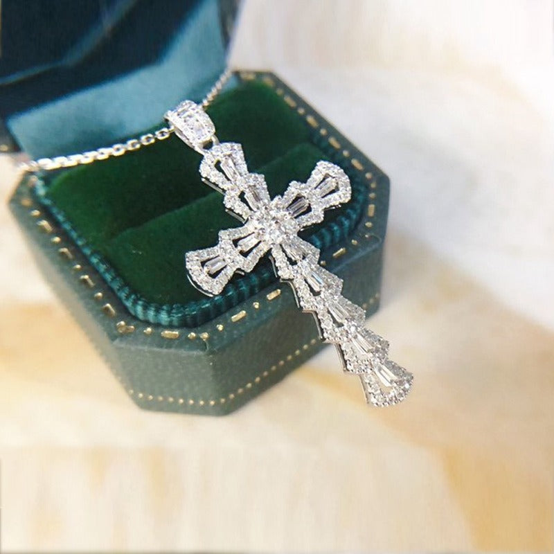 18K Gold / White Gold Baguette Cut CZ Cross Necklace
