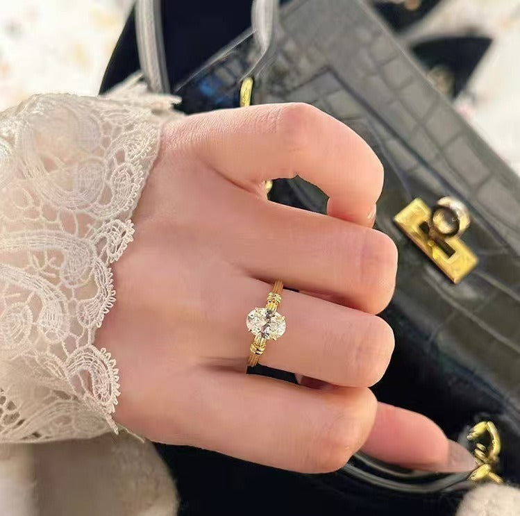 18K Gold / White Gold Oval Cut Moissanite Rope Twist Adjustable Ring
