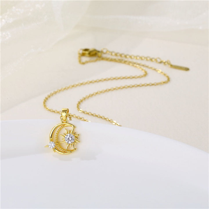 18K Gold Plated Sun Moon CZ Collarbone Necklace