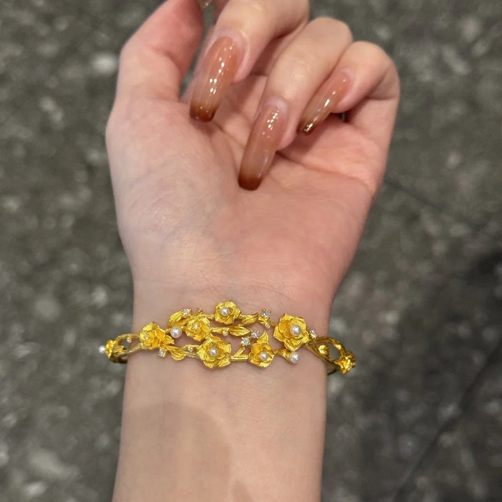 24K Gold Plated Vintage Embossed Rose Bracelet Collection