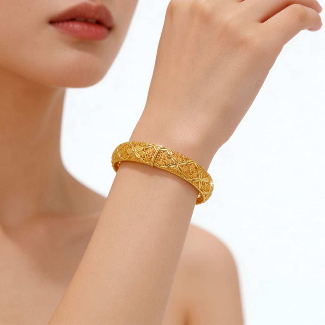 24K Gold Plated Filigree Floral Open Bangle