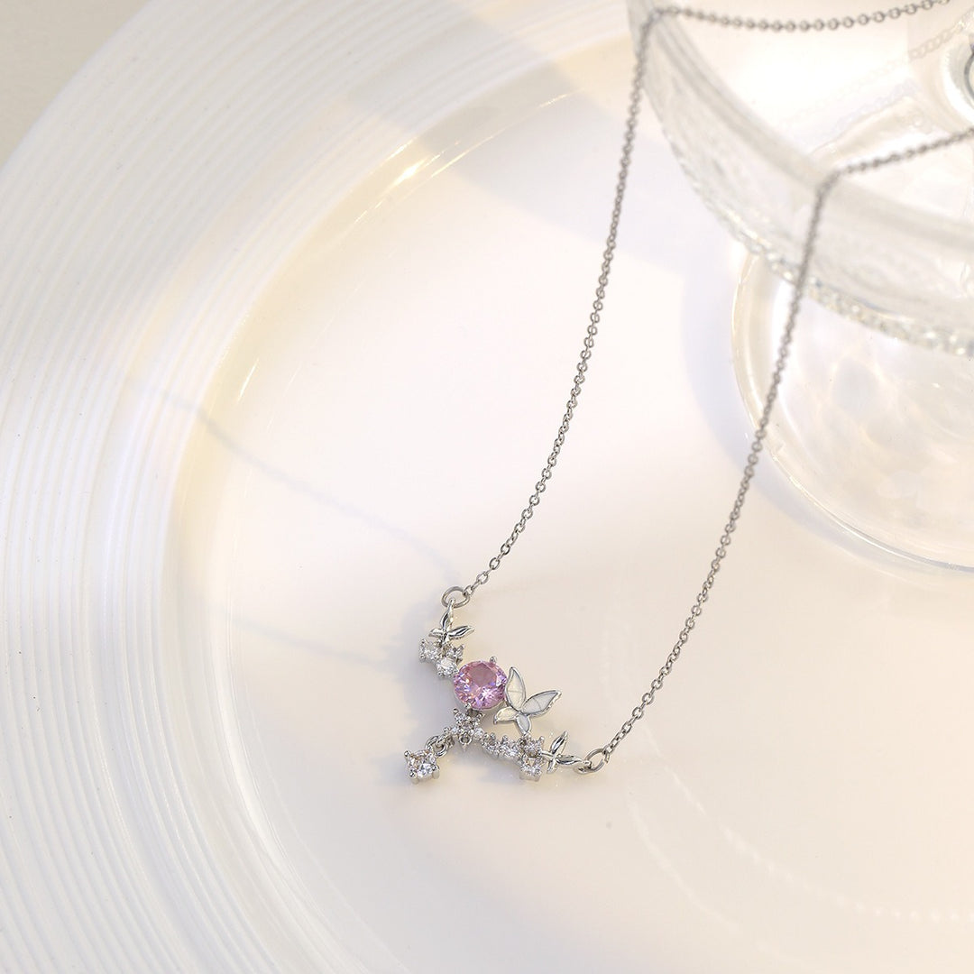 18K Gold / White Gold Pink CZ Butterfly Smile Necklace