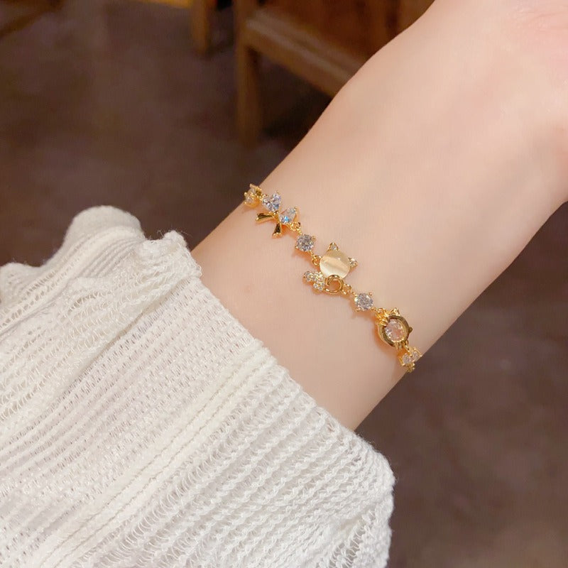 18K Thick Gold Plated Cat & Bow Cat's Eye Bracelet