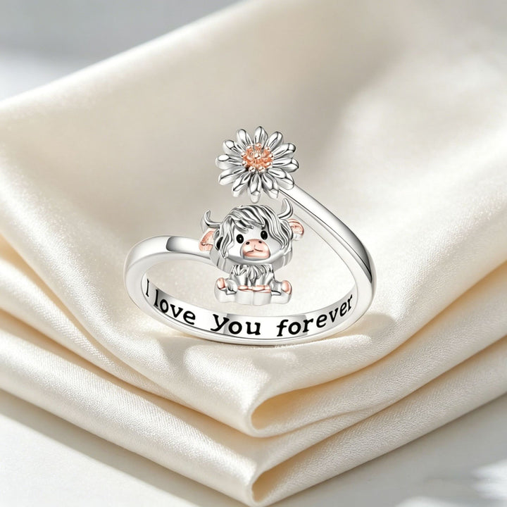 Two-Tone Scottish Highland Cow Daisy Adjustable Open Ring
