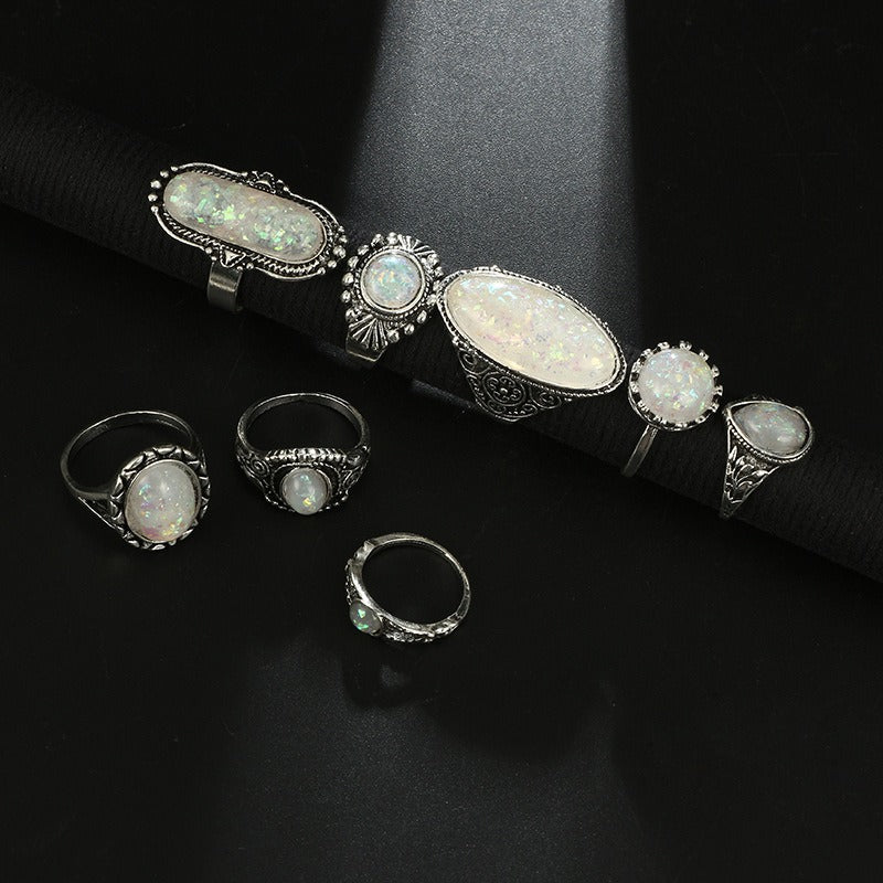 S925 Sterling Silver 7Pcs Vintage Carved Opal Ring Set