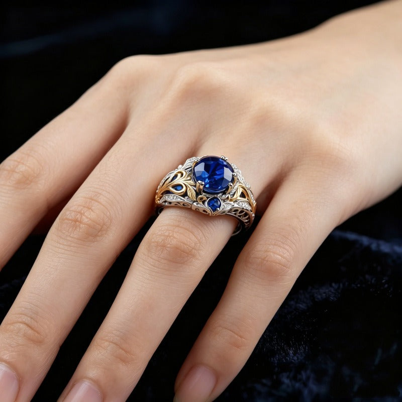 S925 Sterling Silver With 18K Gold Two-Tone Art Nouveau Vine Carved Ring