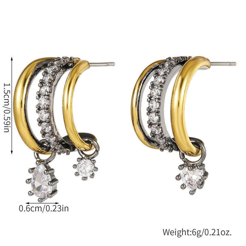 Two-Tone Triple Layer C-Hoop Earrings with Moissanite Drops