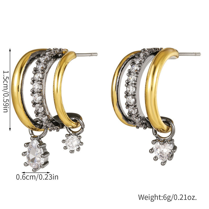 Two-Tone Triple Layer C-Hoop Earrings with Moissanite Drops