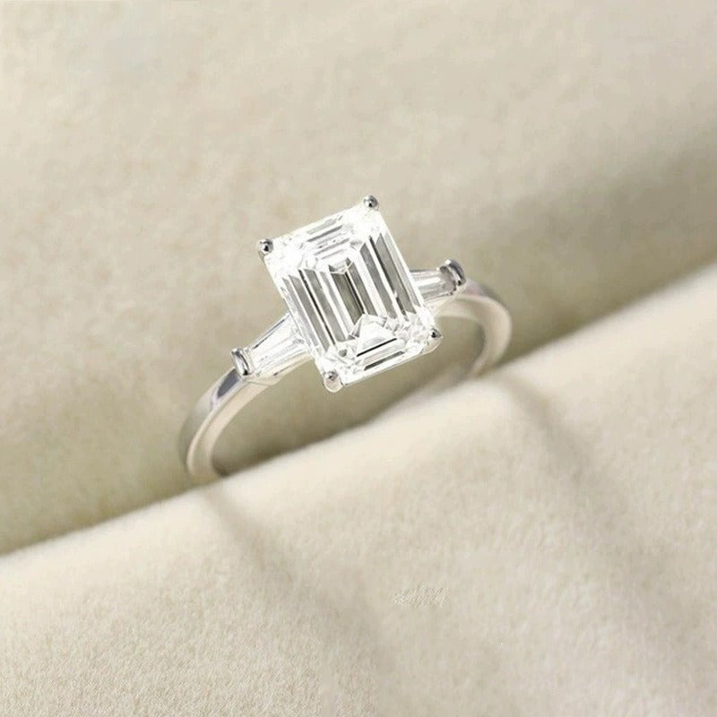 S925 Sterling Silver Emerald Cut Three-Stone Moissanite Ring