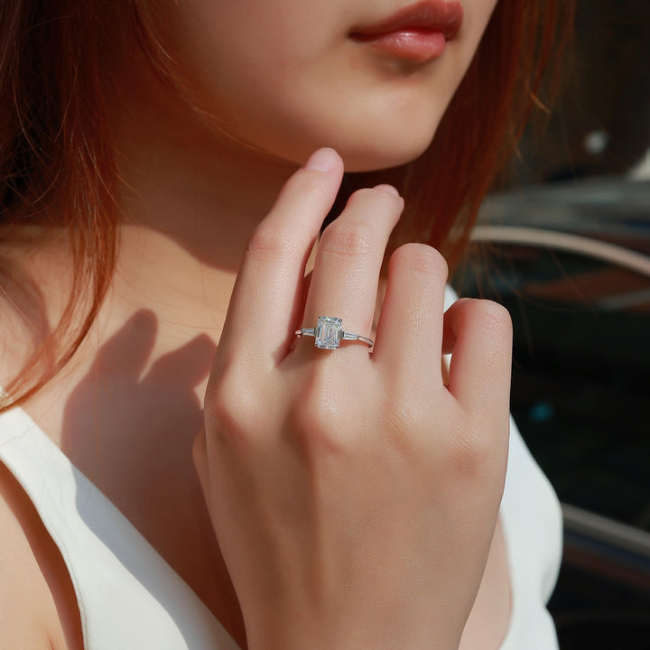 S925 Sterling Silver Emerald-Cut Three-Stone Ring