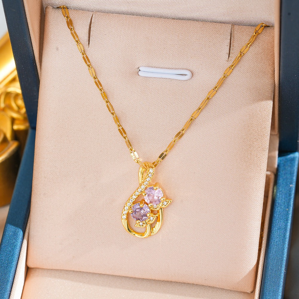 14K Gold Plated / S925 Sterling Silver Gradient Purple-Pink Zircon Flower Leaf Necklace