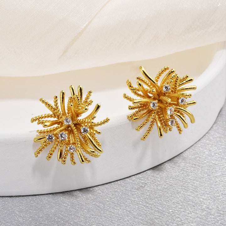 S925 Sterling Silver 14K Gold Plated 3D Firework Coral Stud Earrings