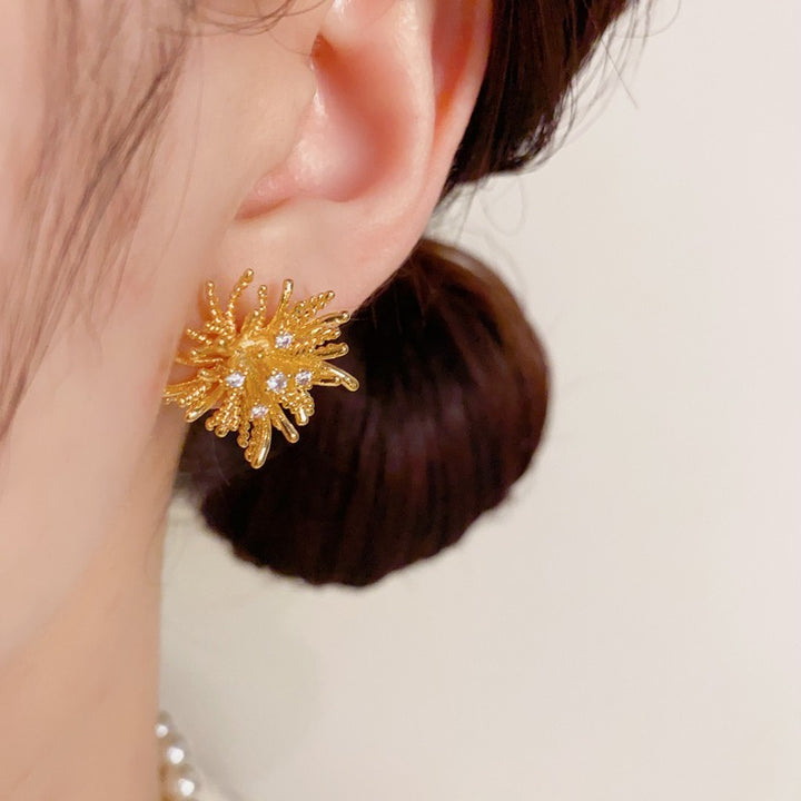 S925 Sterling Silver 14K Gold Plated 3D Firework Coral Stud Earrings