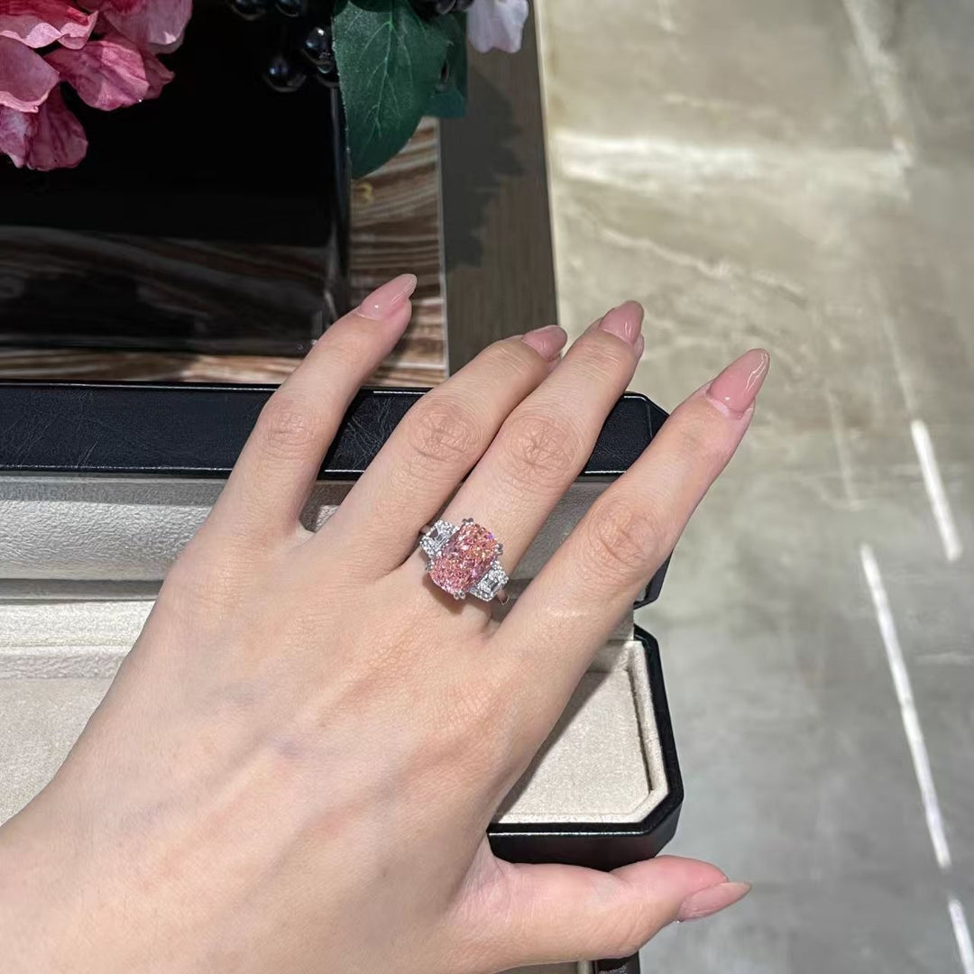 Sterling Silver Radiant Cut Padparadscha Pink Three-Stone Ring