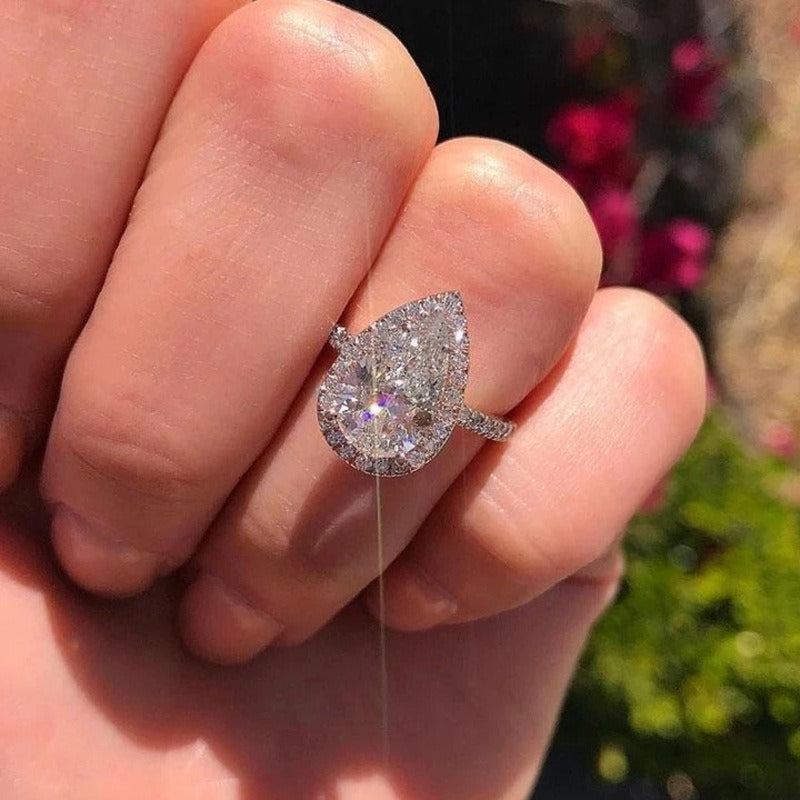 Sterling Silver Pear Cut Halo Engagement Ring