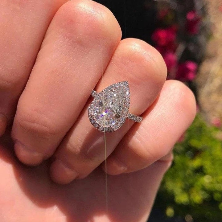 Sterling Silver Pear Cut Halo Engagement Ring