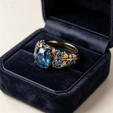 18K Gold  Dual-Tone Botanical Blue Gemstone Ring