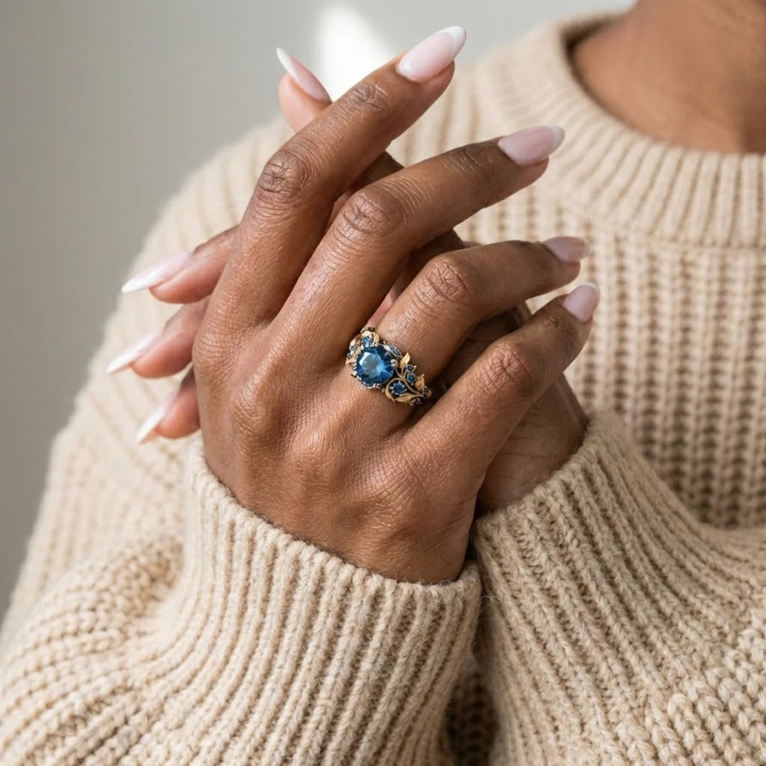 18K Gold  Dual-Tone Botanical Blue Gemstone Ring