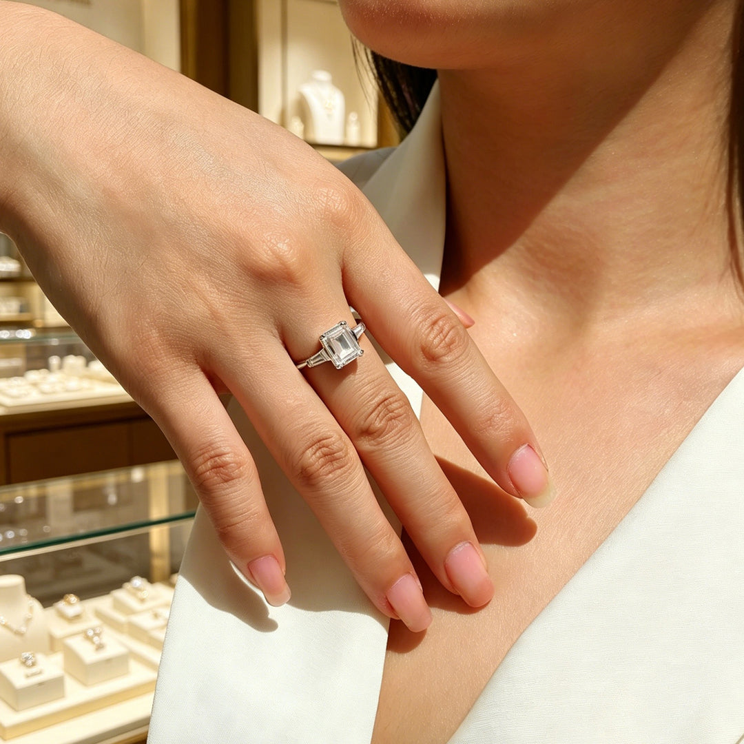 S925 Sterling Silver Emerald-Cut Three-Stone Ring