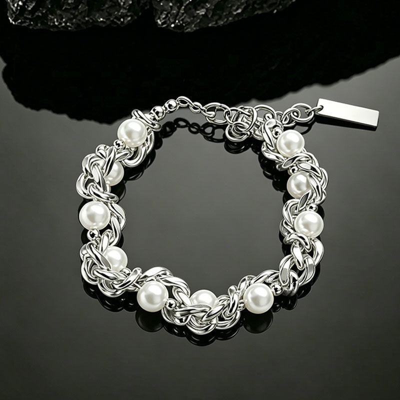 Modern Weave S925 Silver Pearl Necklace Bracelet Set