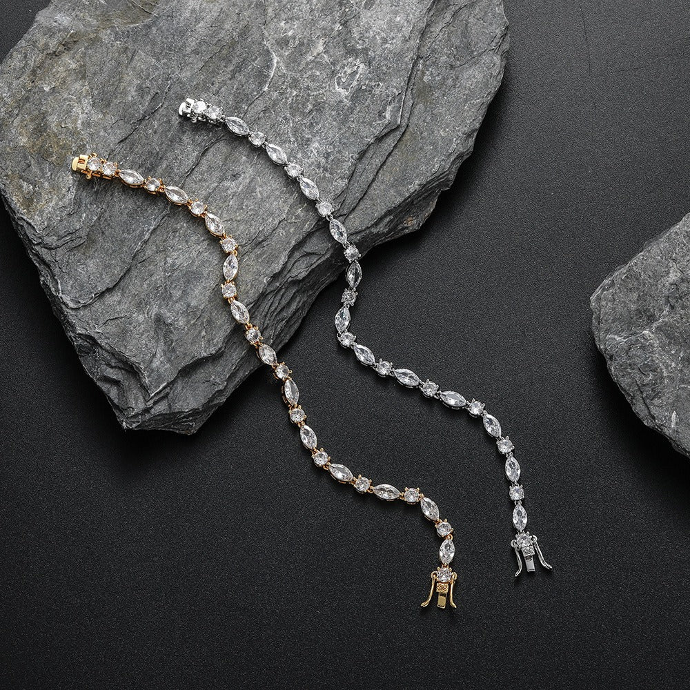 Celestial Sparkle S925 Silver 14K Gold Plated Alternating Marquise Round Moissanite Bracelet