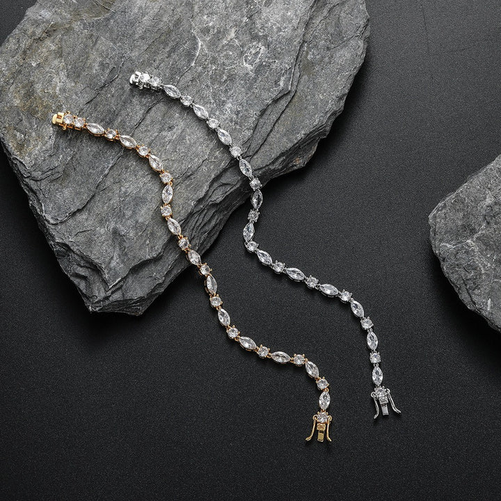 Celestial Sparkle S925 Silver 14K Gold Plated Alternating Marquise Round Moissanite Bracelet