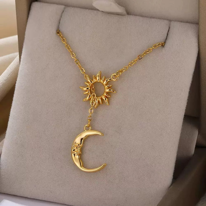 14K Gold Plated Lariat Sun Moon Necklace