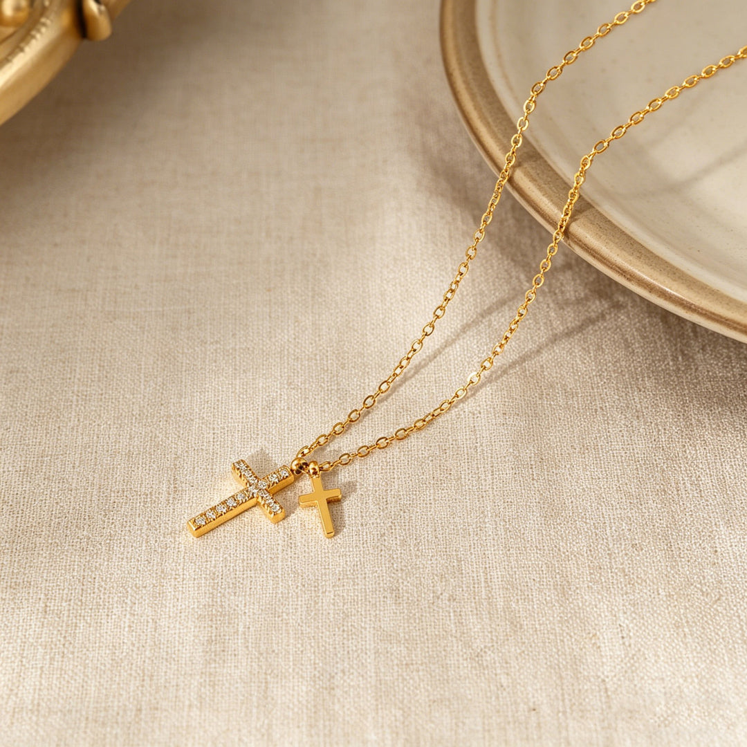 18K Gold Plated Minimalist Double Cross Necklace