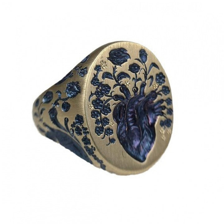 Blue Blood Heart Vintage Brushed Signet Ring