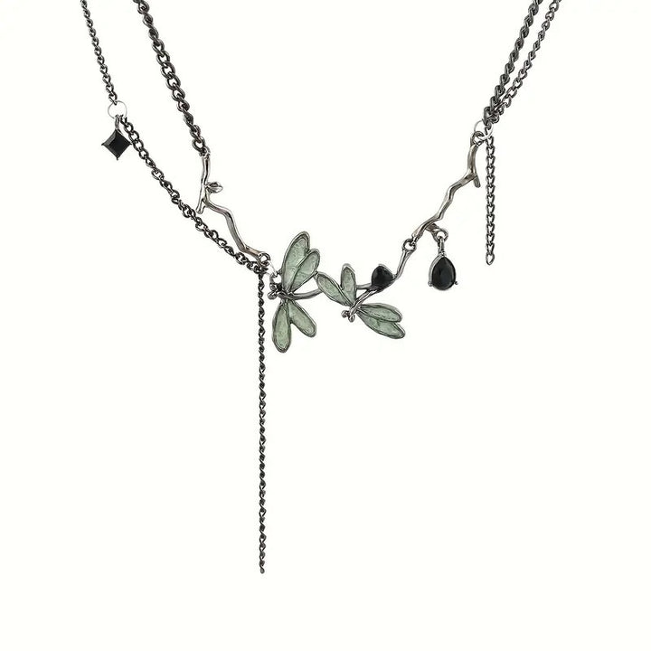 Blackened Silver Double-Chain Dragonfly Iridescent Necklace Earrings Set