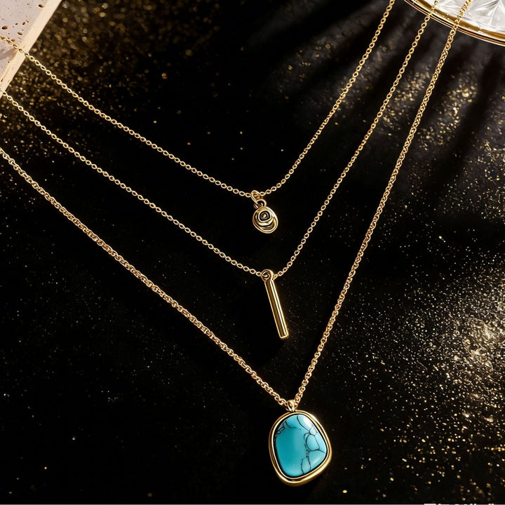 14K Gold Plated Triple-Layer Layered Turquoise Necklace
