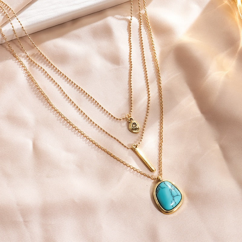 14K Gold Plated Triple-Layer Layered Turquoise Necklace