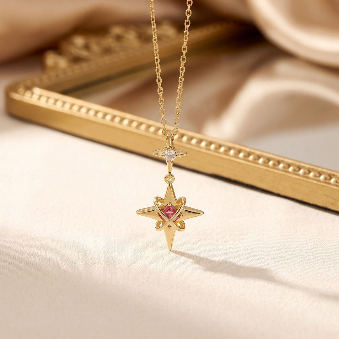 Galactic Wanderer Twin-Stars Dangle Necklace with Pink Clear Gems
