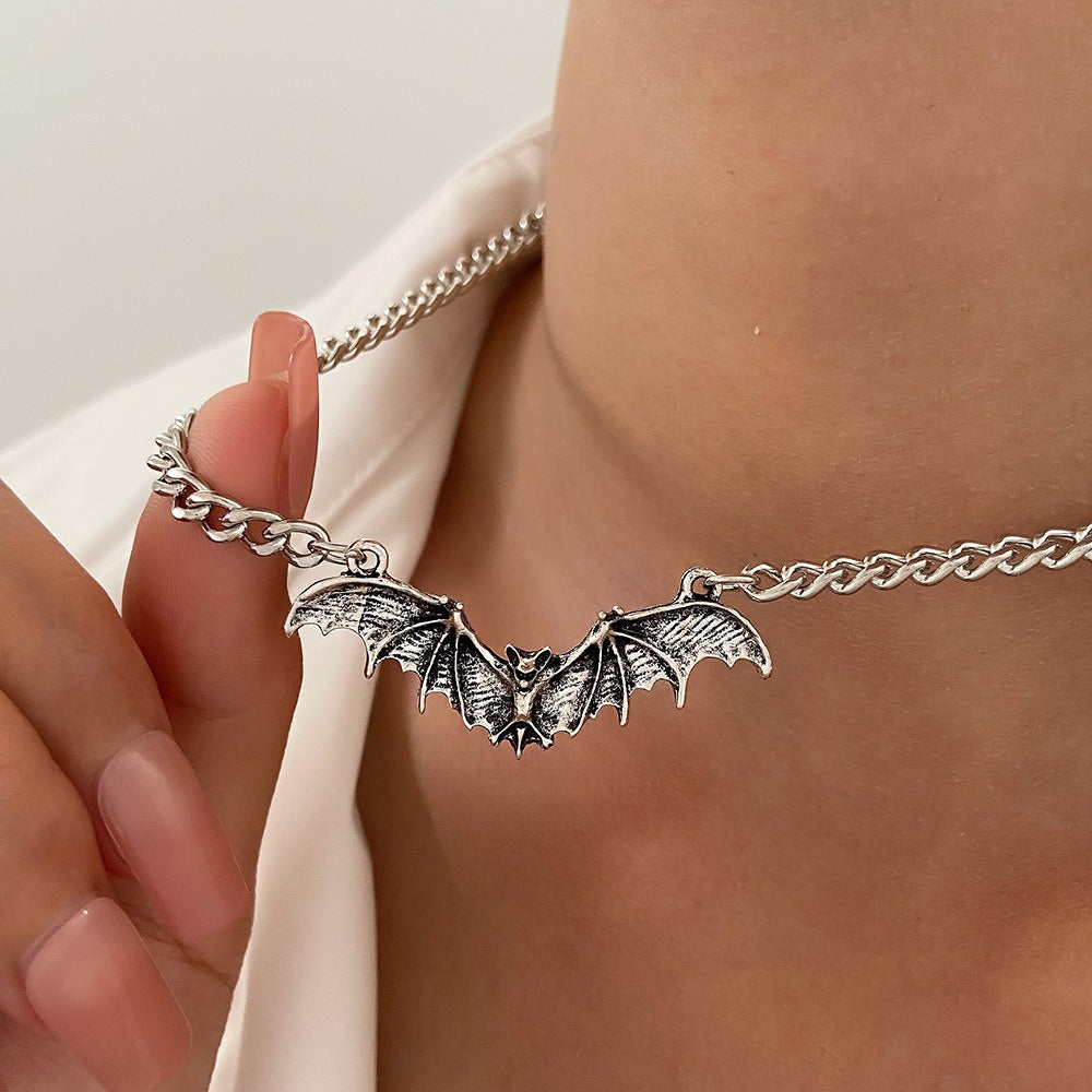 Midnight Guardian Vintage Oxidized Silver Bat Chunky Chain Bracelet Necklace