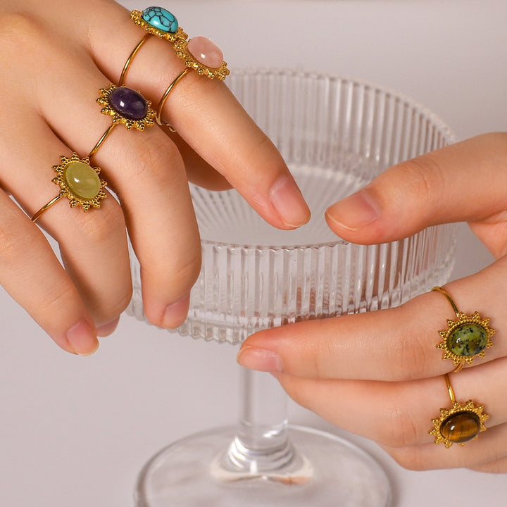 Whisper of the Sun Natural Stone Cabochon Sunburst Adjustable Ring