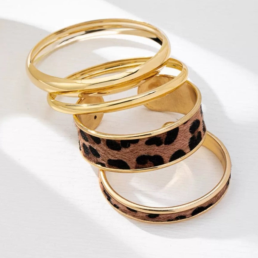 Leopard Print Gold/Silver Metal Bangle Set