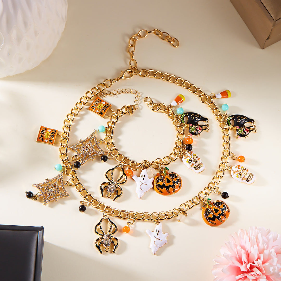 Halloween Bash Ghost, Pumpkin & Spider Charm Chunky Chain Bracelet Necklace Set