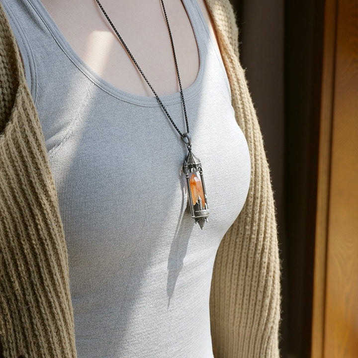 Gothic Boundary Guardian Natural Crystal Point Castle Pendant Necklace