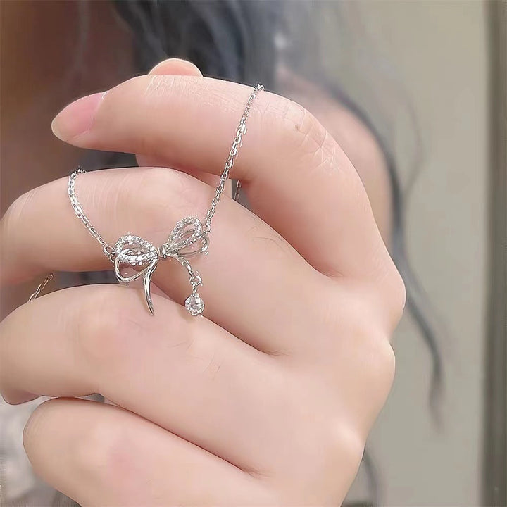 S925 Sterling Silver Pavé Bow Necklace with Dangling Charm
