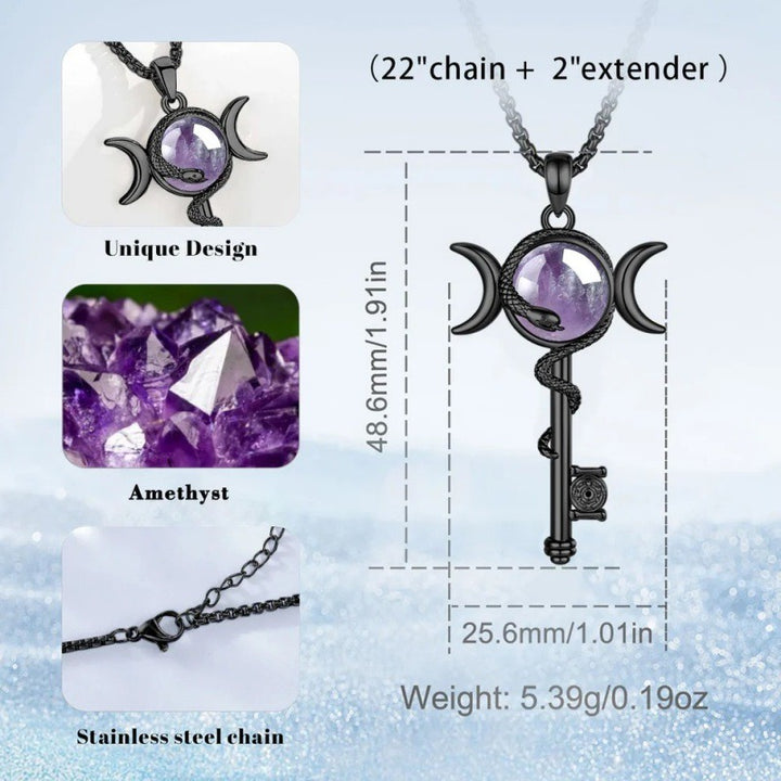 Hecate's Key Triple Moon Goddess Snake-Wrapped Amethyst Talisman Necklace