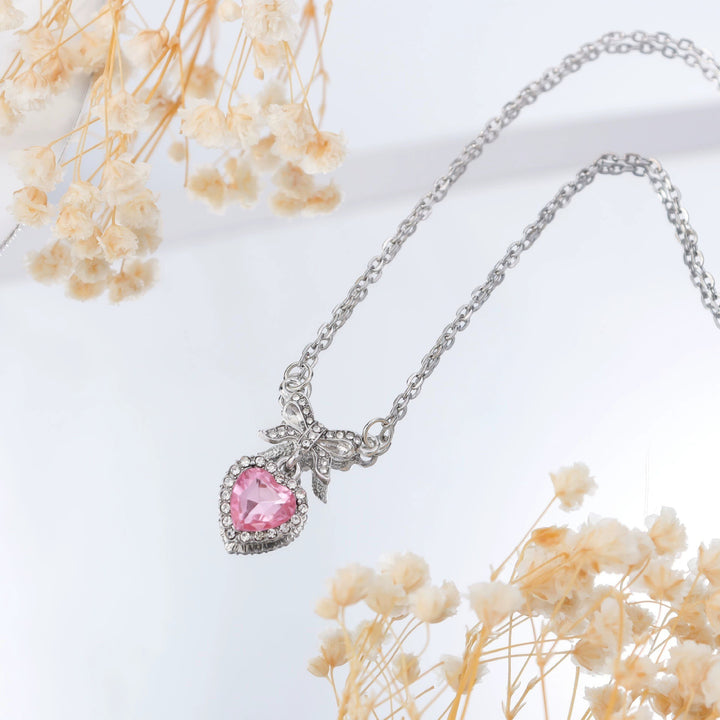 S925 Sterling Silver Pavé Bow Heart Pendant Necklace