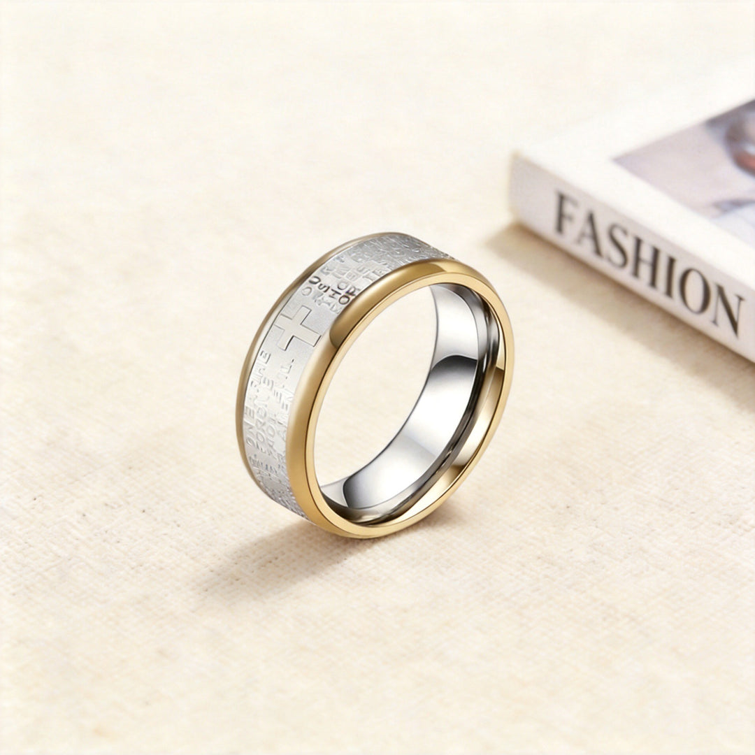 Stainless Steel Two-Tone Lord's Prayer Cross Wide Band Ring