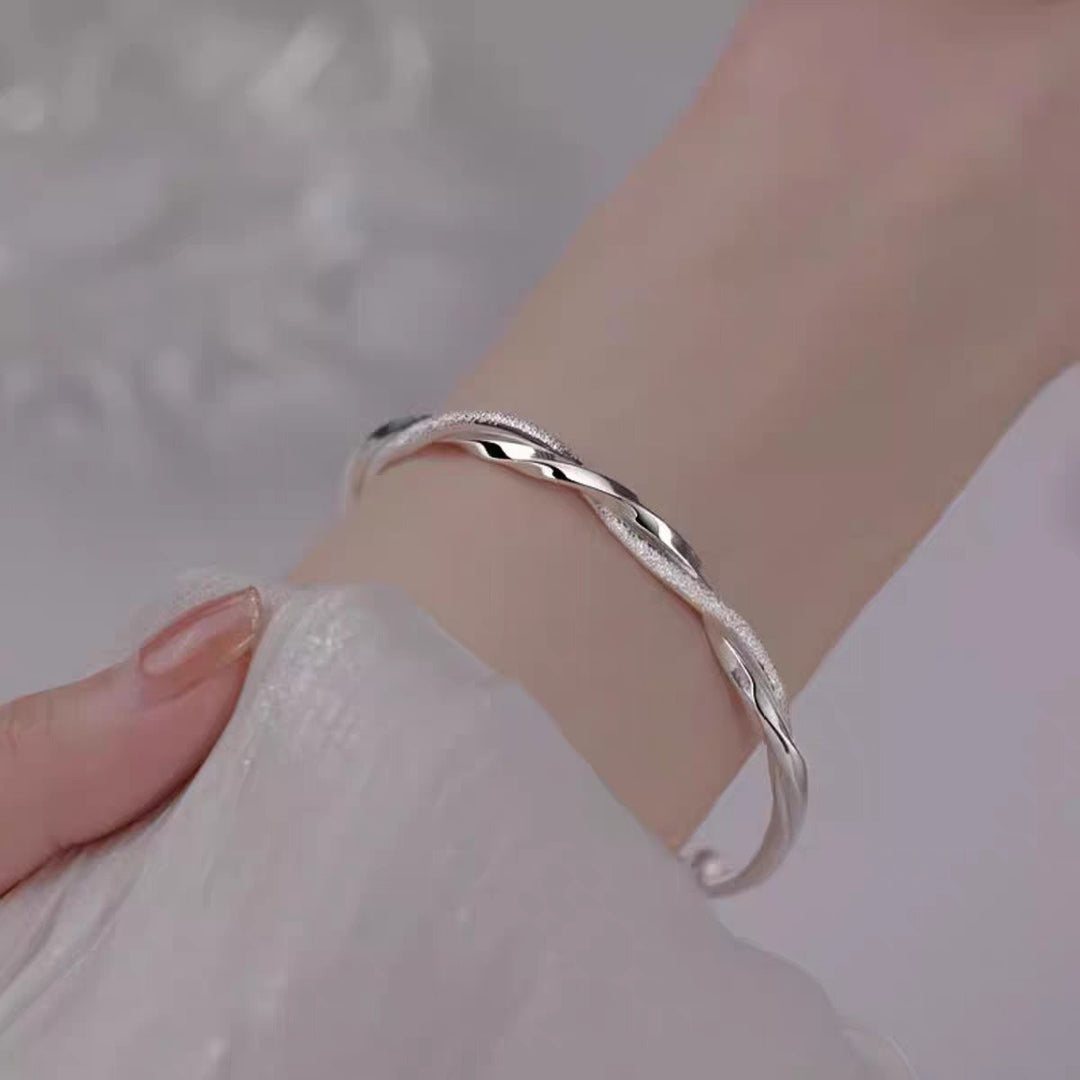 S925 Sterling Silver Twisted Dual-Texture Open Bangle