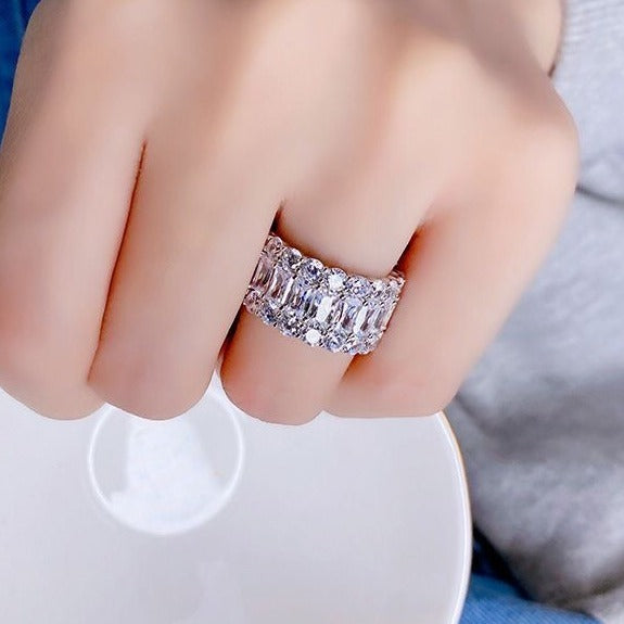 S925 Sterling Silver Triple-Layer Geometric Pavé Wide Band Ring