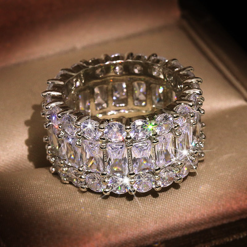 S925 Sterling Silver Triple-Layer Geometric Pavé Wide Band Ring