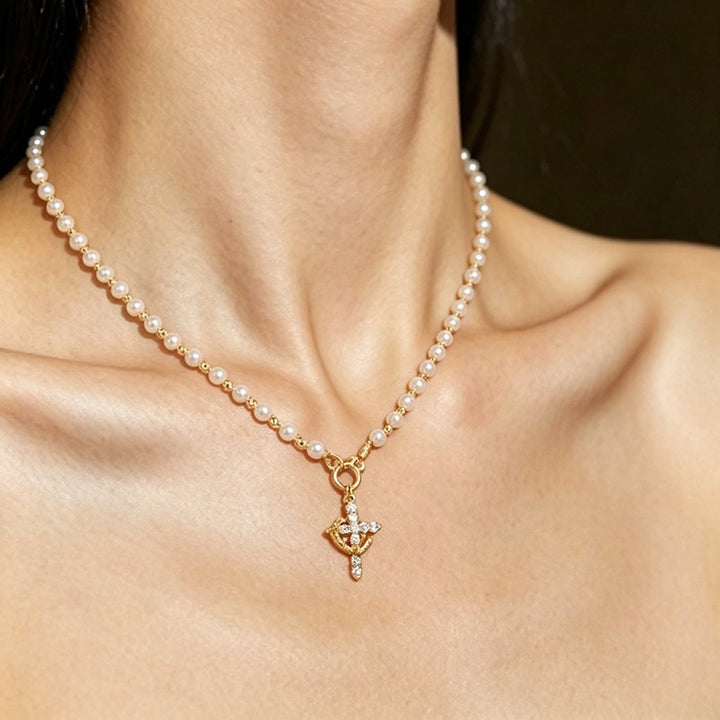 French Elegance Faux Pearl Beaded Micro-Pavé Cross Necklace