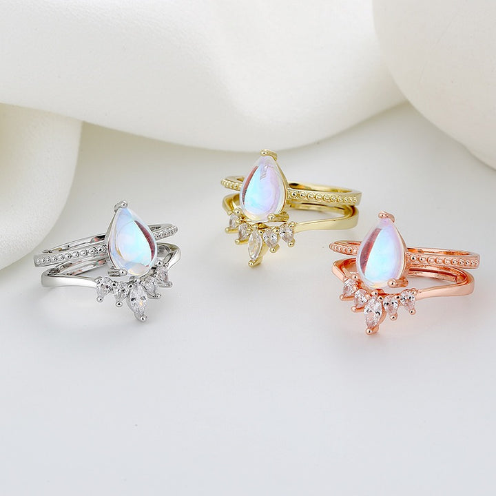 Aurora Crown · Iridescent Teardrop Pavé Adjustable Ring Set