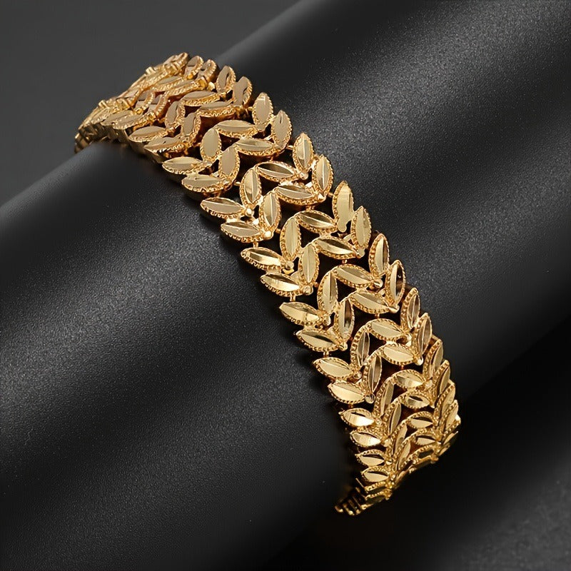 18K Gold Plated Wheat Ear Woven Wide Chain Bracelet