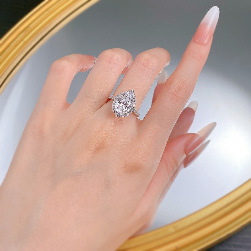 S925 Sterling Silver Pear-Cut Halo Pavé Ring